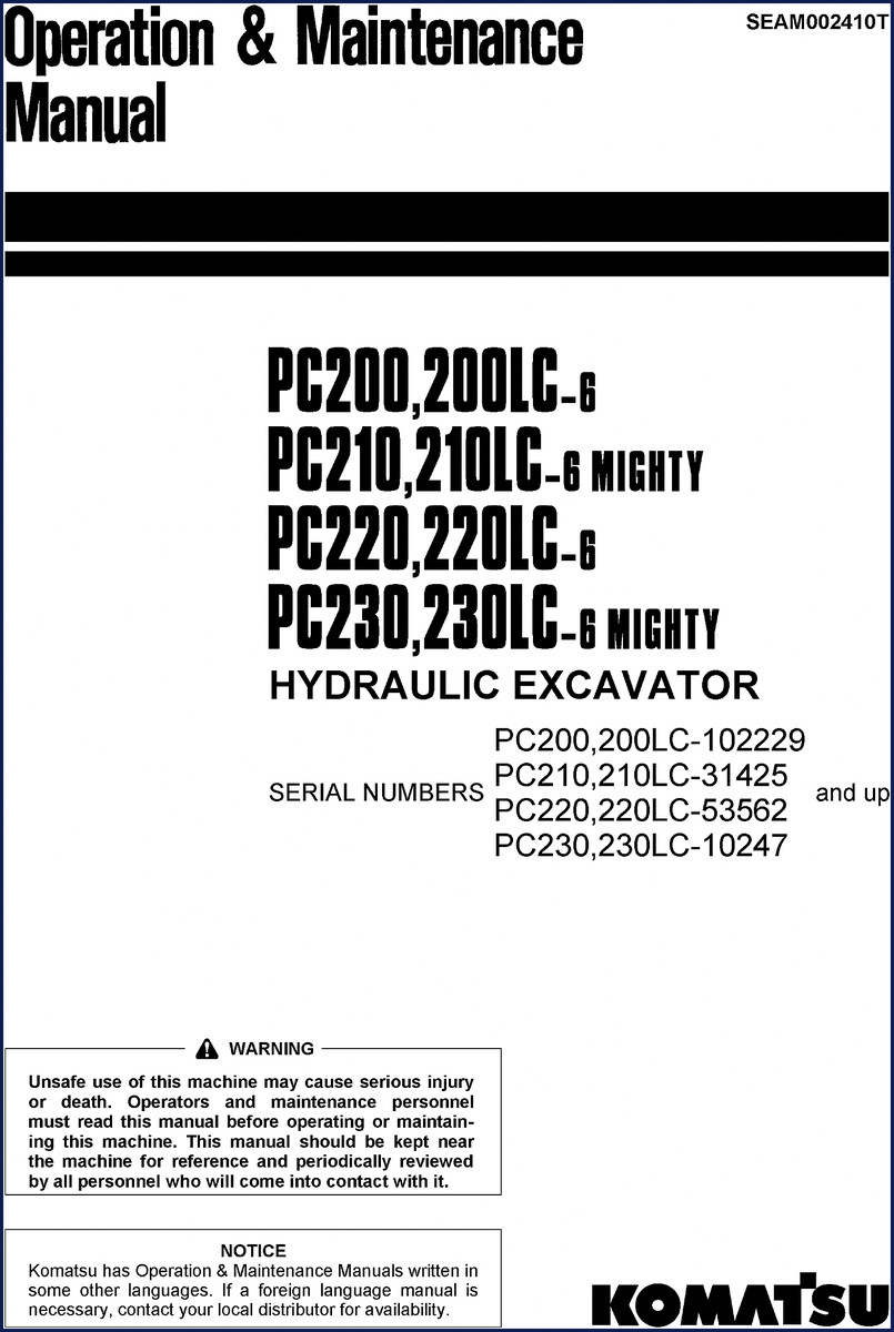 Komatsu PC200 PC210 PC220 Operators Manual 283 pages cover