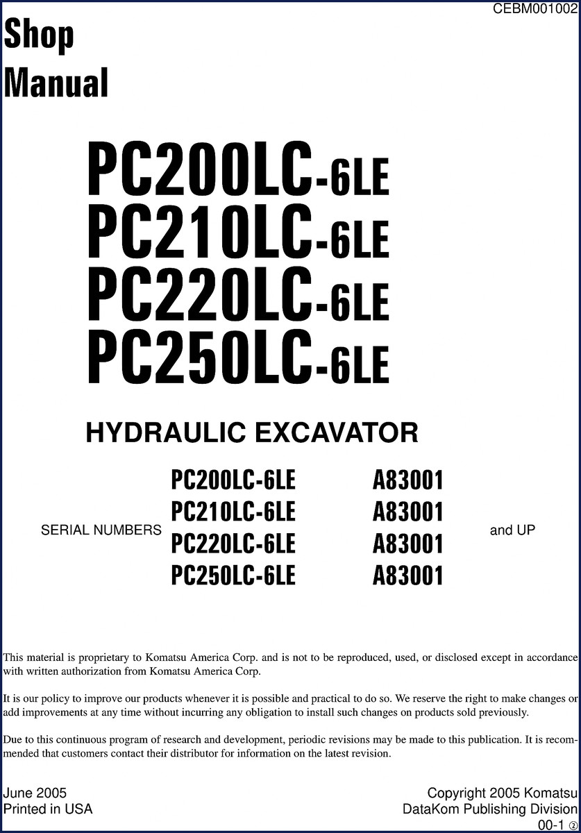 Komatsu PC200LC-6LE hydraulic excavator 2005 service manual cover