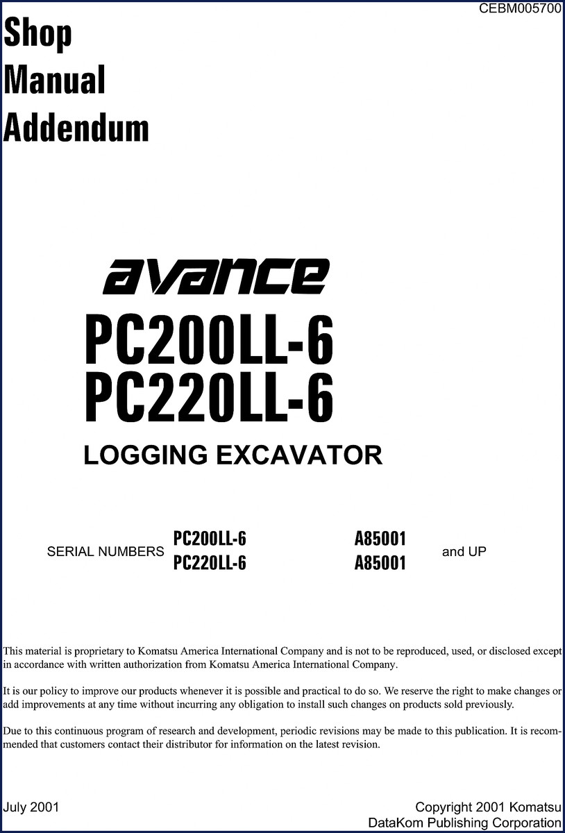Komatsu PC200LL-6 and PC220LL-6 2001 Workshop Manual cover