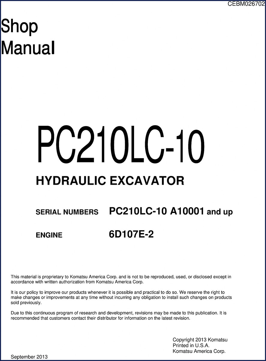 Komatsu PC210LC-10 2013 Service Manual cover showing hydraulic excavator and OEM branding