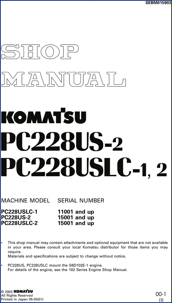 Komatsu PC228US-2 workshop manual cover 2003 OEM factory document