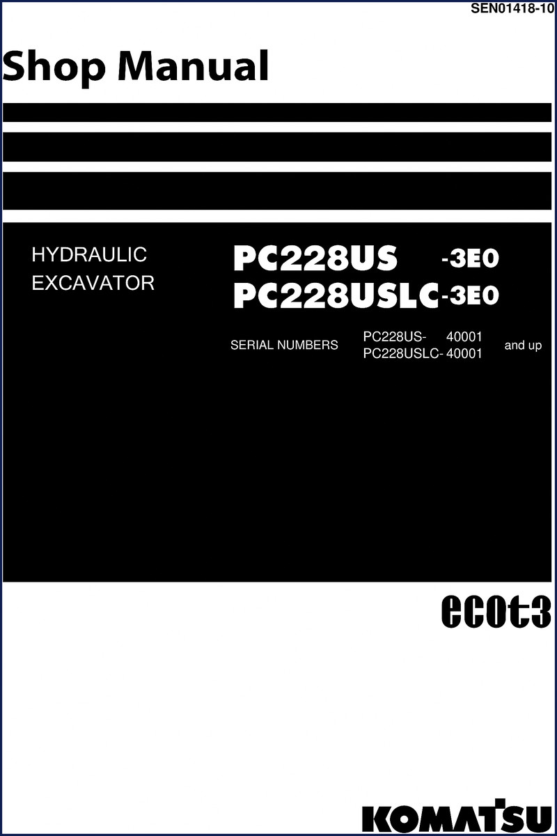 Komatsu PC228US-3E0 workshop manual cover showing model and serial number range
