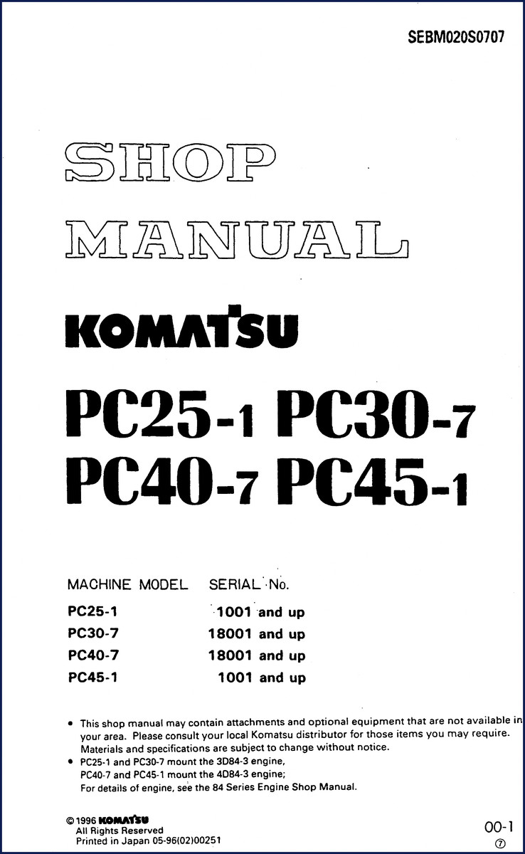 1996 Komatsu PC25-1 PC30-7 PC40-7 PC45-1 Factory Workshop Manual cover