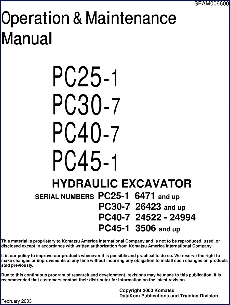 Komatsu PC25-1 PC30-7 PC40-7 PC45-1 2003 Operators Manual cover shows excavator and manual title
