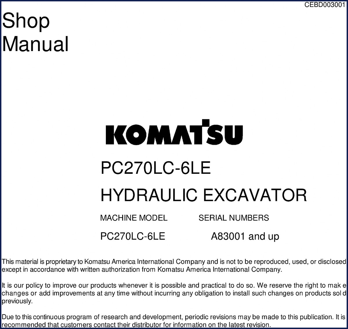 Komatsu PC270LC-6LE Workshop Manual cover page showing hydraulic excavator diagram