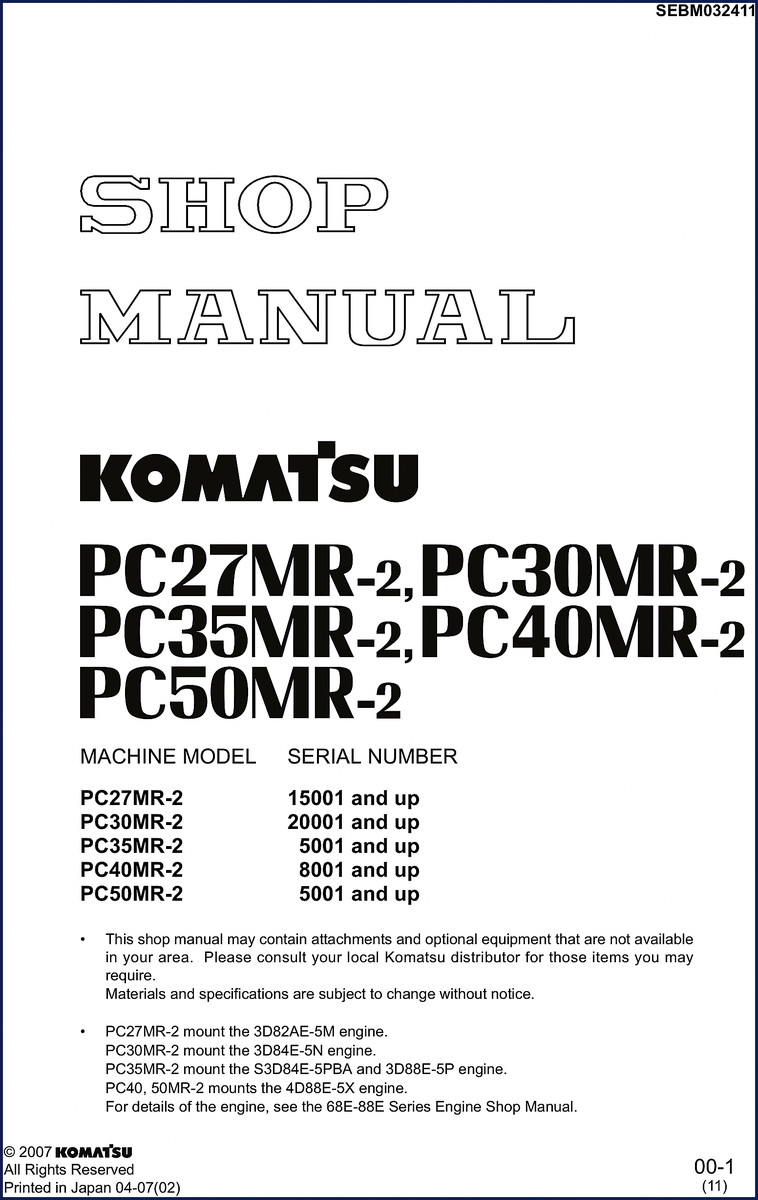 Komatsu PC27MR-2 workshop manual cover 2007 OEM 630 pages