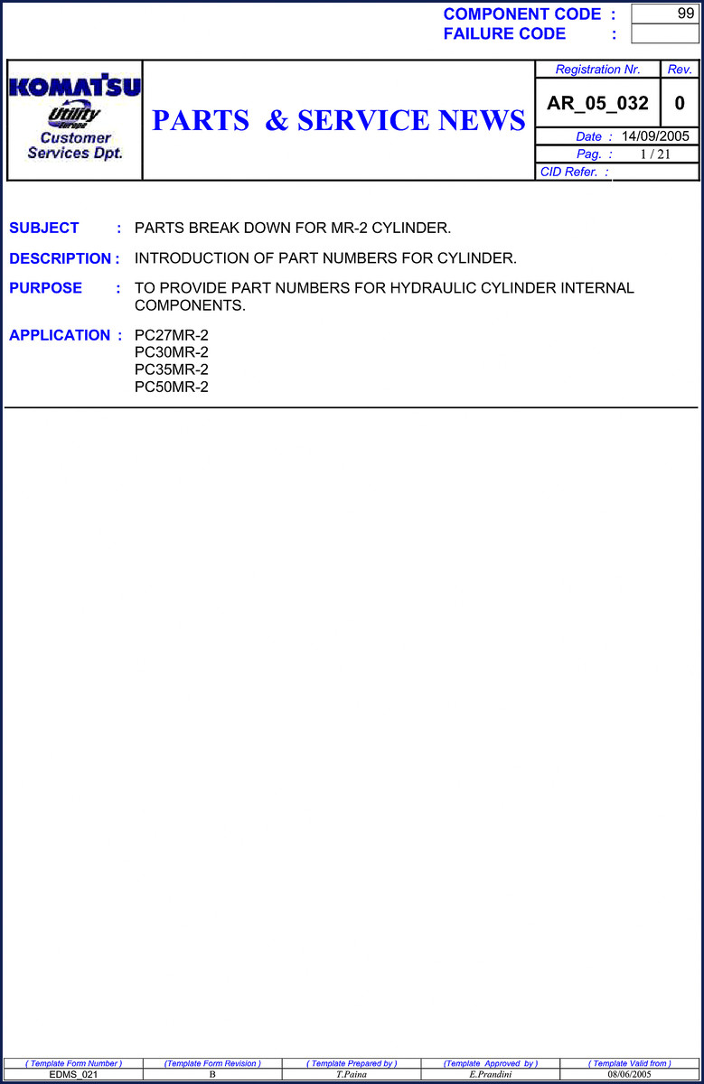 Komatsu PC27MR-2 PC30MR-2 PC35MR-2 PC50MR-2 2005 Parts Catalog cover page showing excavator hydraulic diagram