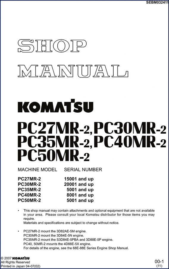 Komatsu PC27MR-2 PC30MR-2 PC35MR-2 PC40MR-2 PC50MR-2 2007 Workshop Manual cover