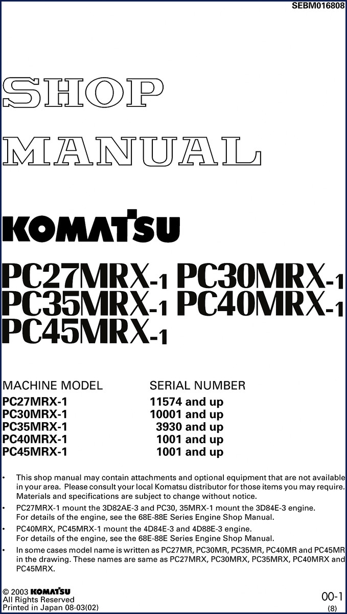 Komatsu PC27MRX-1 to PC45MRX-1 2003 Workshop Manual cover page