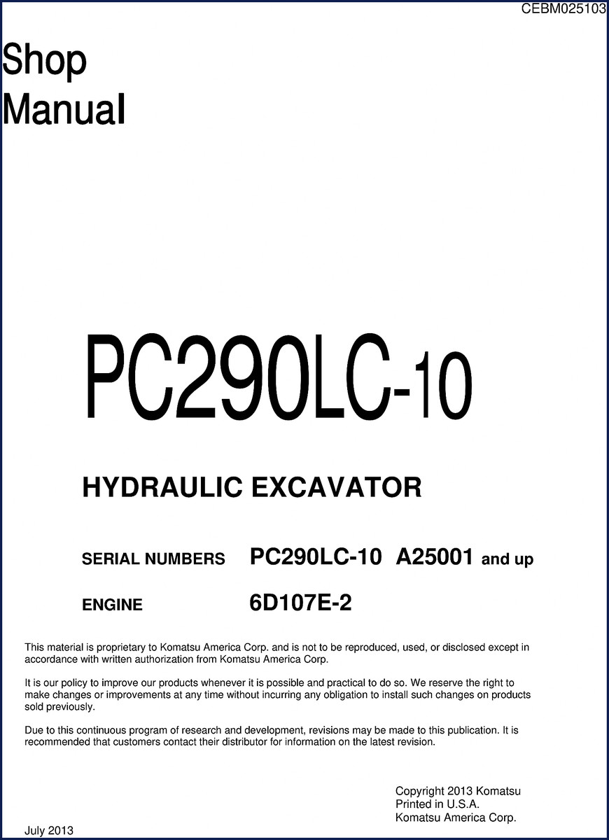 Komatsu PC290LC-10 2013 Workshop Manual cover with hydraulic excavator diagram