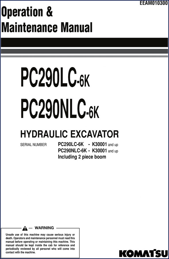Komatsu PC290LC-6K Operators Manual – 264 pages factory OEM operation and maintenance
