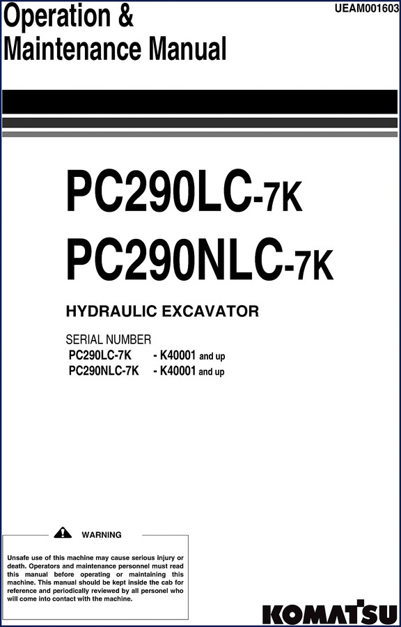 Komatsu PC290LC-7K PC290NLC-7K operators manual front cover