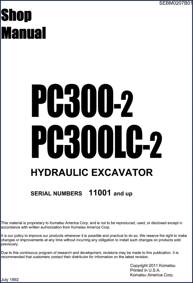 Komatsu PC300-2 PC300LC-2 1992 Service Manual cover - OEM factory shop manual for hydraulic excavator