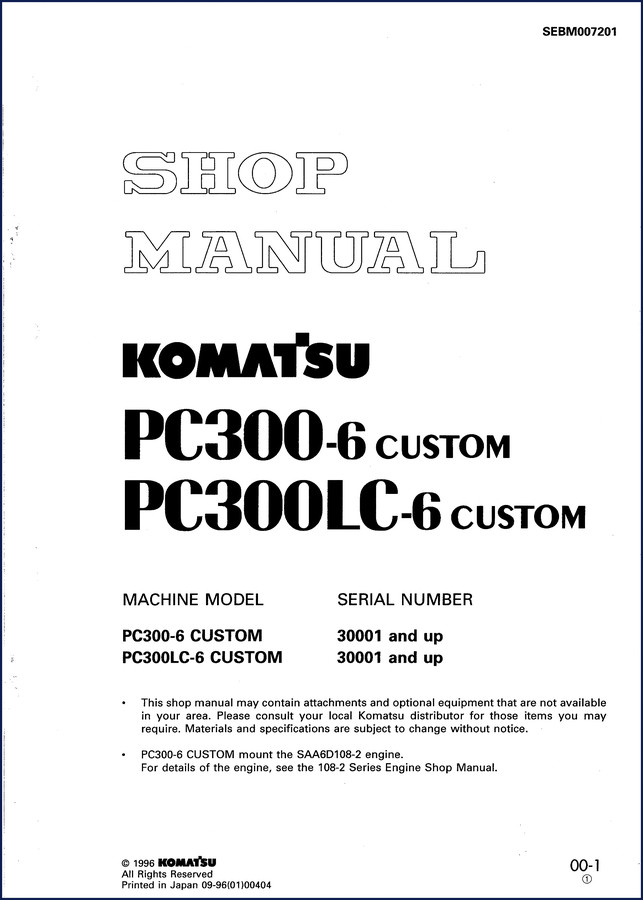 Komatsu PC300LC-6 PC300-6 PC350-6 PC350LC-6 2002 Workshop Manual cover showing machine illustrations and part number