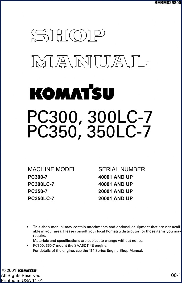 Komatsu PC300-7 2001 Service Manual cover - OEM shop manual for PC300, PC350 series