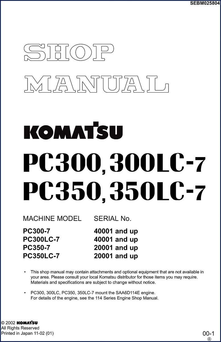 Komatsu PC300-7 2002 Workshop Manual cover page