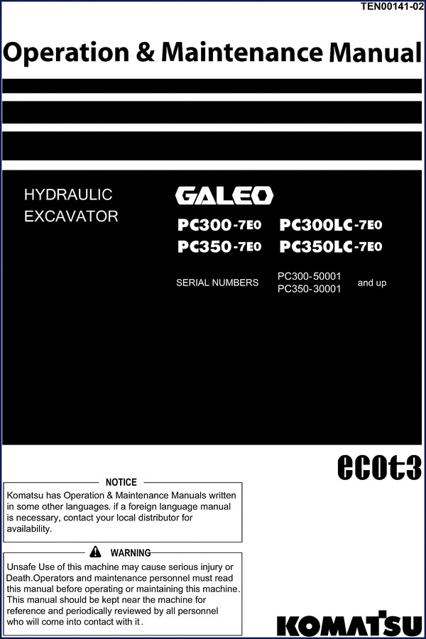 Komatsu PC300-7EO workshop manual cover - factory OEM document for PC300-7EO, PC300LC-7EO, PC350-7EO, PC350LC-7EO hydraulic excavators
