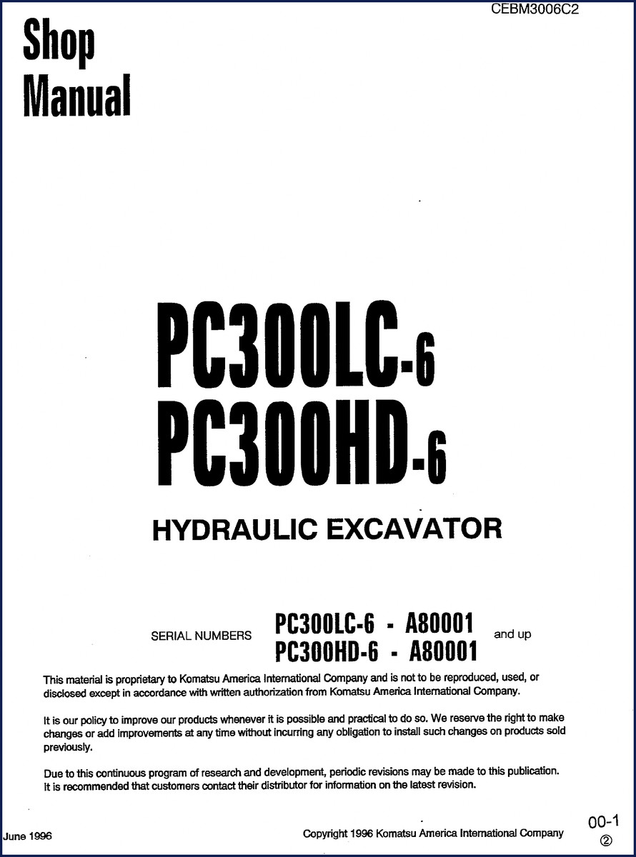 Komatsu PC300LC-6 PC300HD-6 1996 Service Manual cover page showing model designation and serial number range