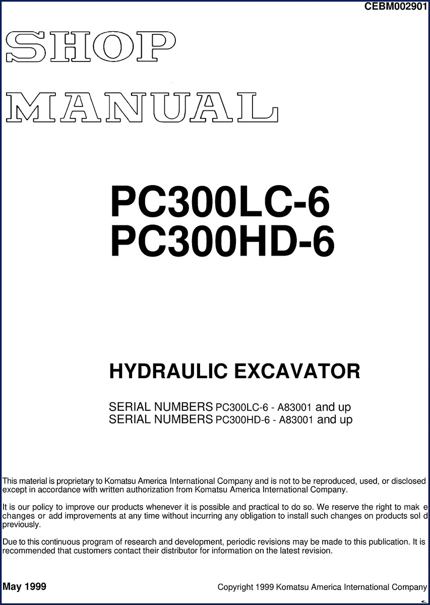1999 Komatsu PC300LC-6 PC300HD-6 Workshop Manual cover – 786 pages OEM factory document
