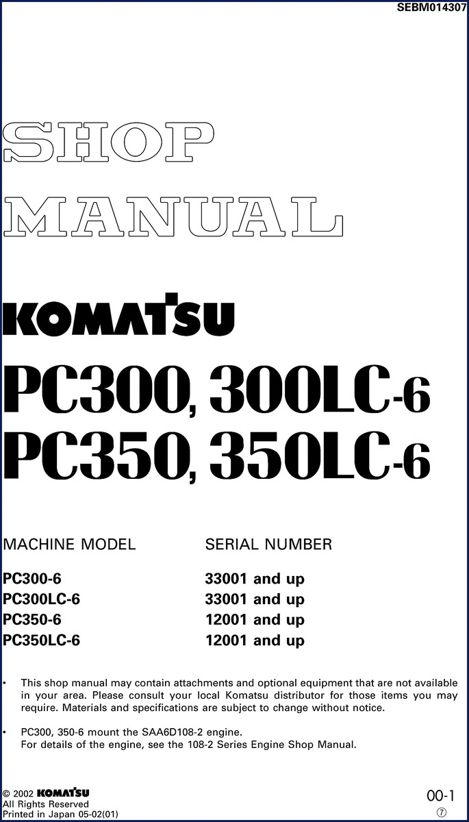 Komatsu PC300LC-6 2002 Workshop Manual cover showing model designations and serial number ranges