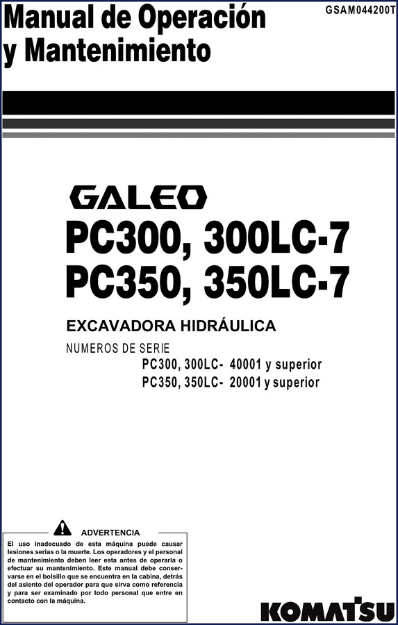 Komatsu PC300LC-7 Technical Manual cover showing hydraulic excavator product bulletin