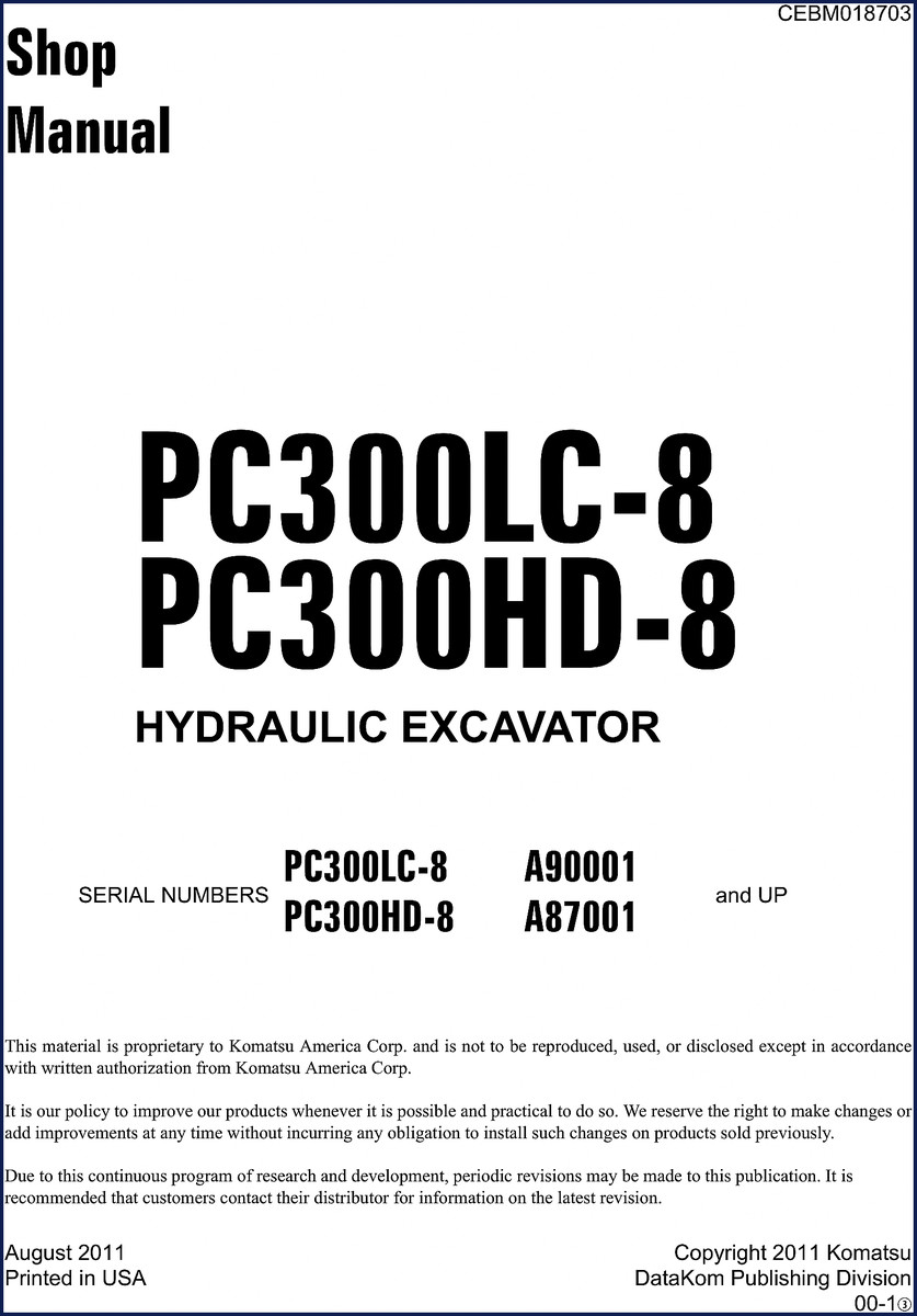 2011 Komatsu PC300LC-8 PC300HD-8 Service Manual cover