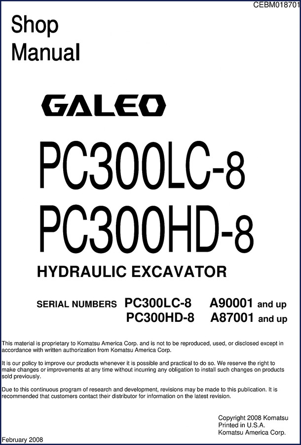 Komatsu PC300LC-8 PC300HD-8 2008 Workshop Manual cover