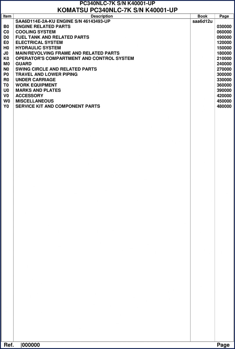 Komatsu PC340NLC-7K Parts Catalog cover showing engine and hydraulic sections
