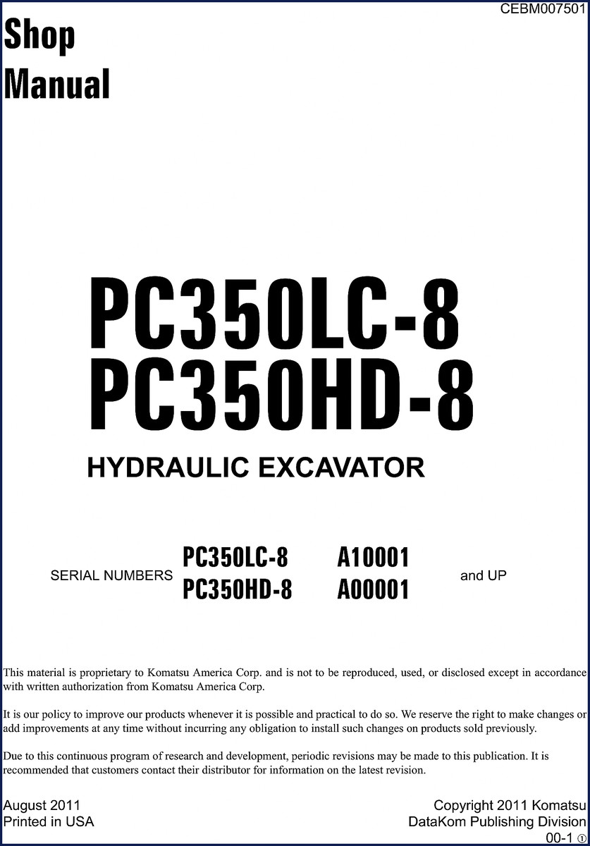 Komatsu PC350LC-8 and PC350HD-8 2011 Workshop Manual front cover showing hydraulic excavator image