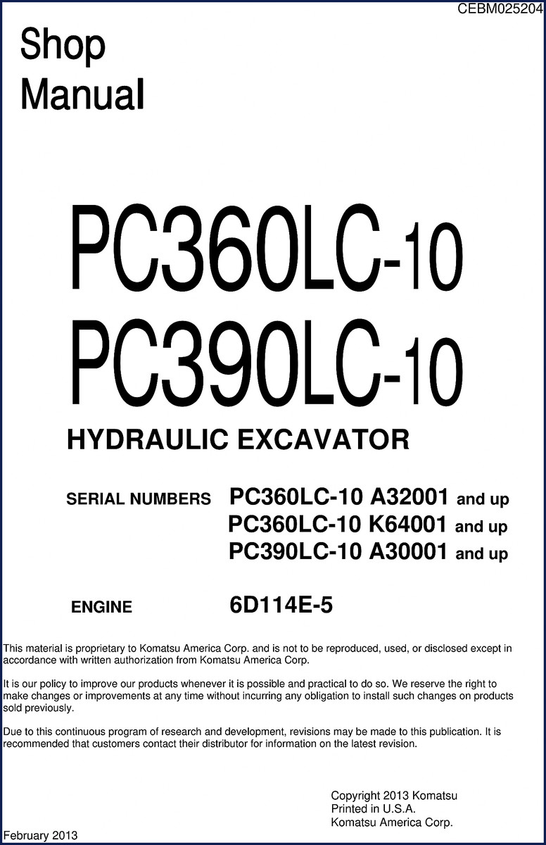 Komatsu PC360LC-10 and PC390LC-10 2013 Service Manual cover showing hydraulic excavator