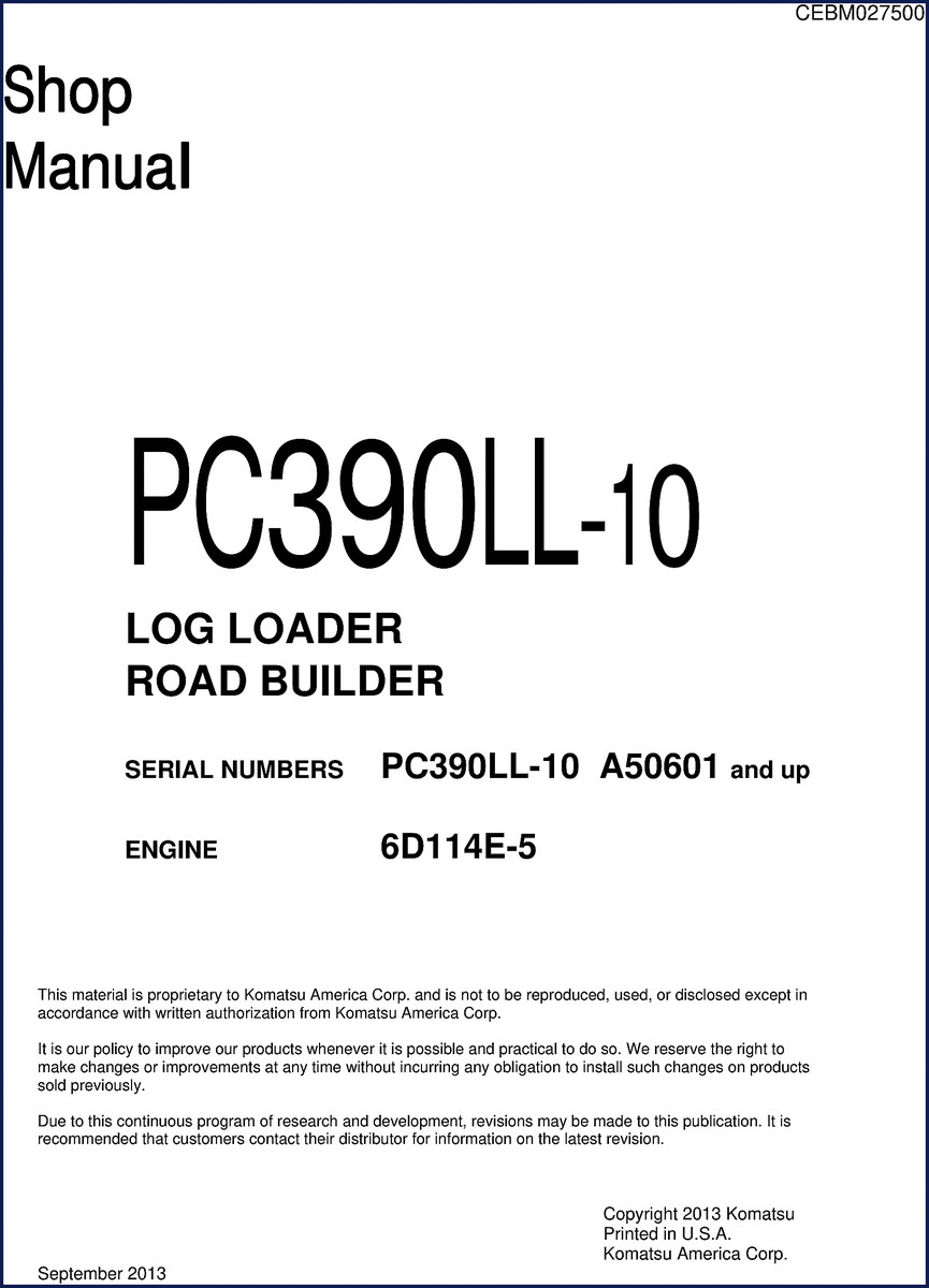 Komatsu PC390LL-10 2013 Service Manual cover page showing log loader and road builder variants