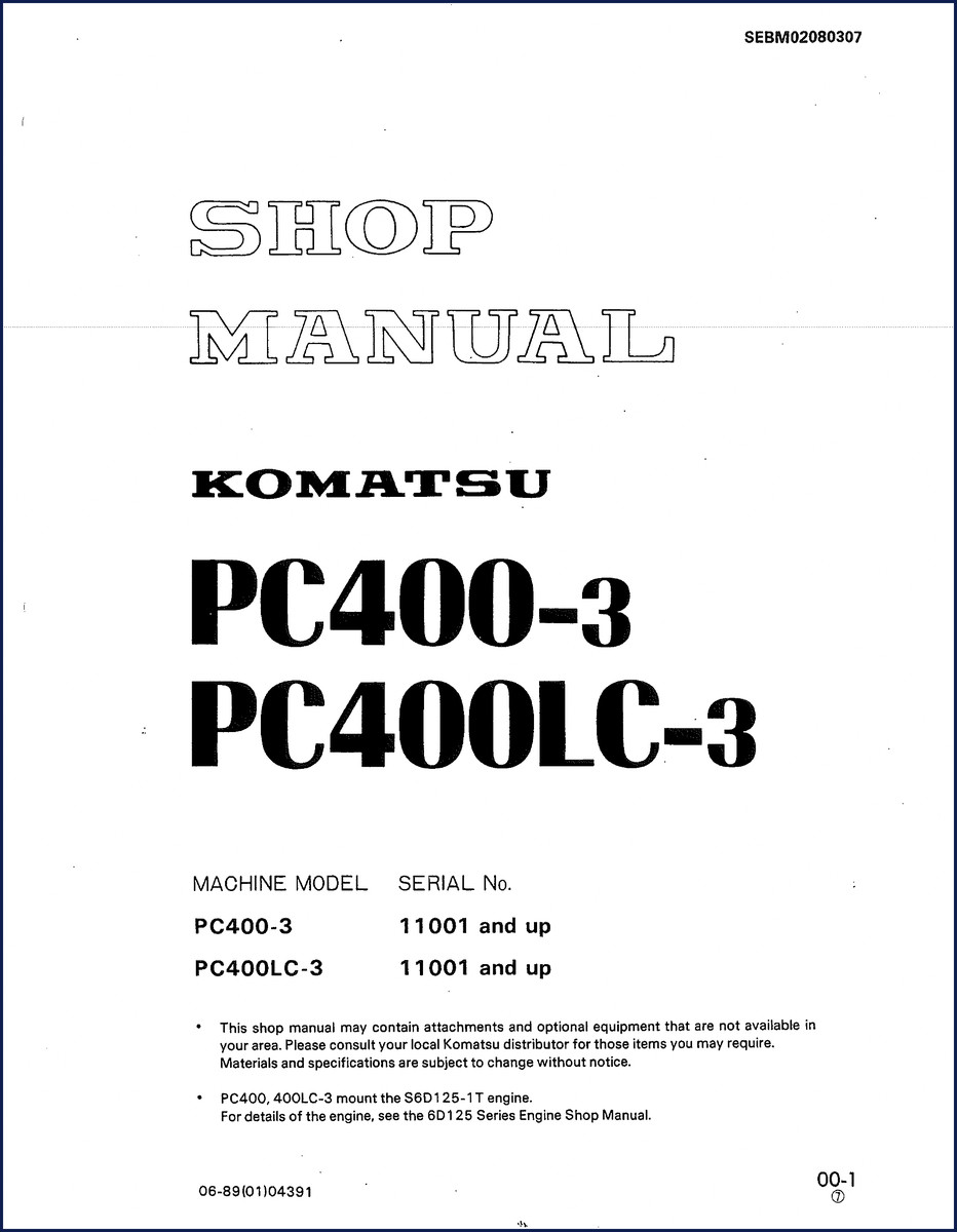 Komatsu PC400-3 PC400LC-3 workshop manual cover showing factory OEM manual for the S6D125-1T engine