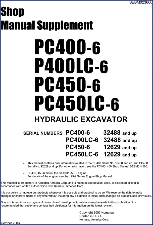 Komatsu PC400-6 PC450-6 2004 Workshop Manual cover