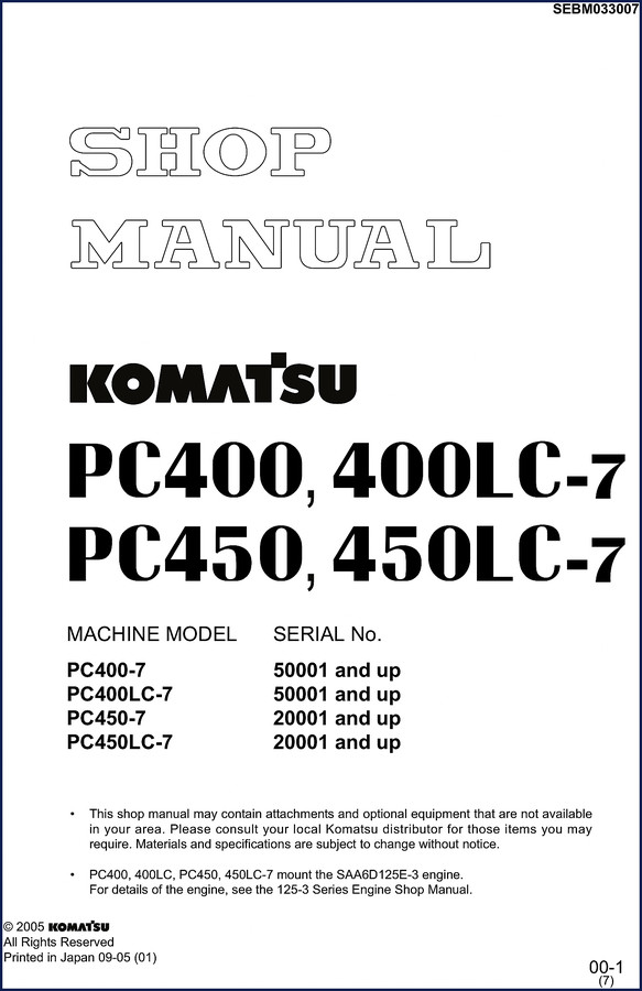 Komatsu PC400-7 PC400LC-7 PC450-7 PC450LC-7 2005 Workshop Manual cover