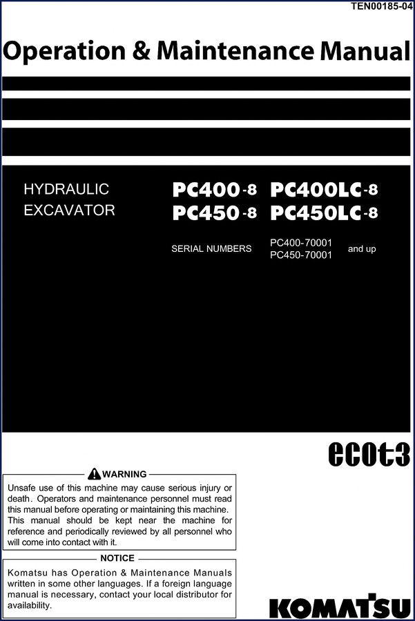 Komatsu PC400LC-8 Technical Manual cover - official OEM shop manual for PC400-8 series excavators