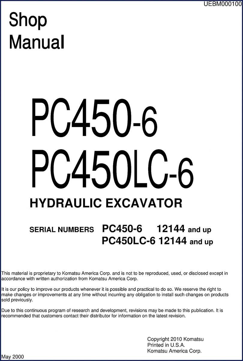 Komatsu PC450-6 PC450LC-6 2000 Workshop Manual cover
