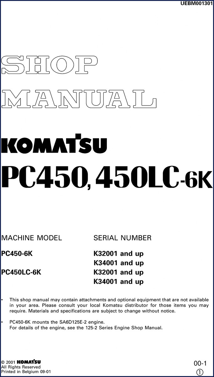 Komatsu PC450-6K and PC450LC-6K 2001 Service Manual cover showing excavator and model designation