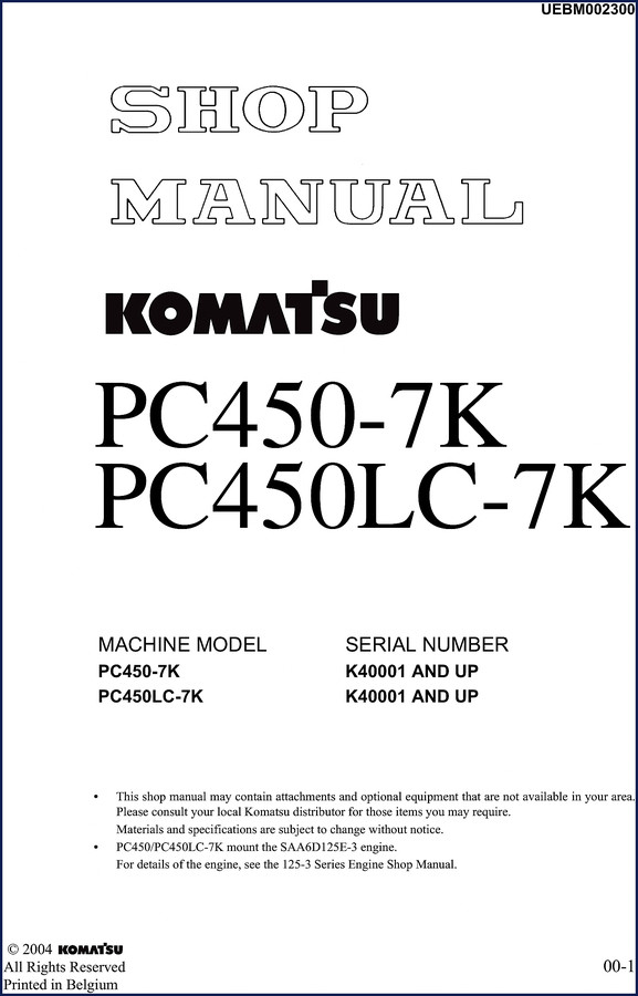 Komatsu PC450-7K PC450LC-7K 2004 Workshop Manual cover photo