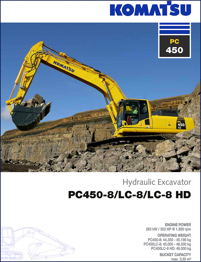 Komatsu PC450-8 technical manual cover page showing excavator specs and model numbers