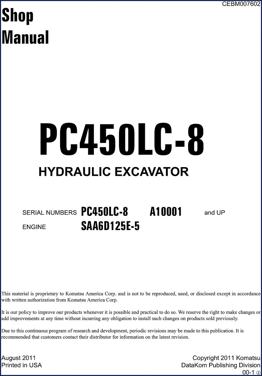 Cover of 2011 Komatsu PC450LC-8 Service Manual with hydraulic excavator illustration
