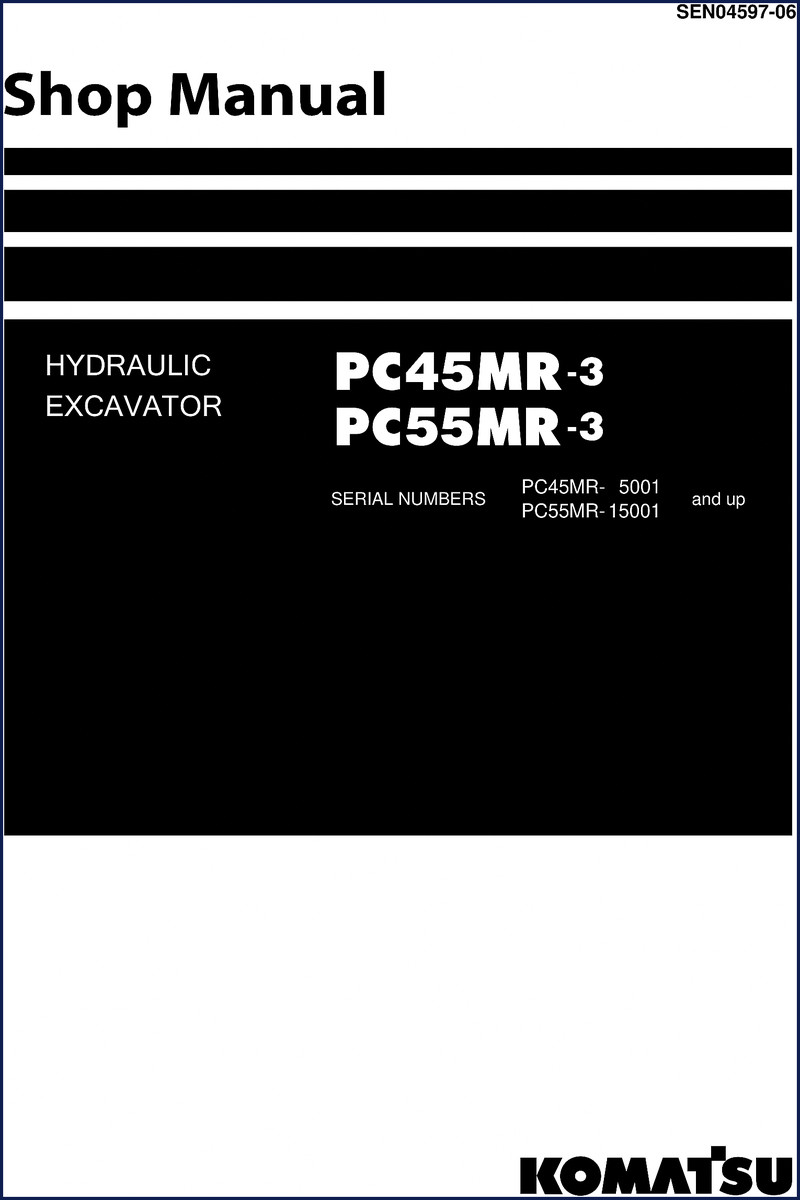 Komatsu PC45MR-3 and PC55MR-3 excavator workshop manual cover showing official Komatsu branding and model designation