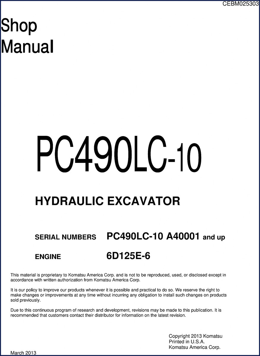 Komatsu PC490LC-10 2013 Workshop Manual – 1815 pages OEM factory shop manual cover