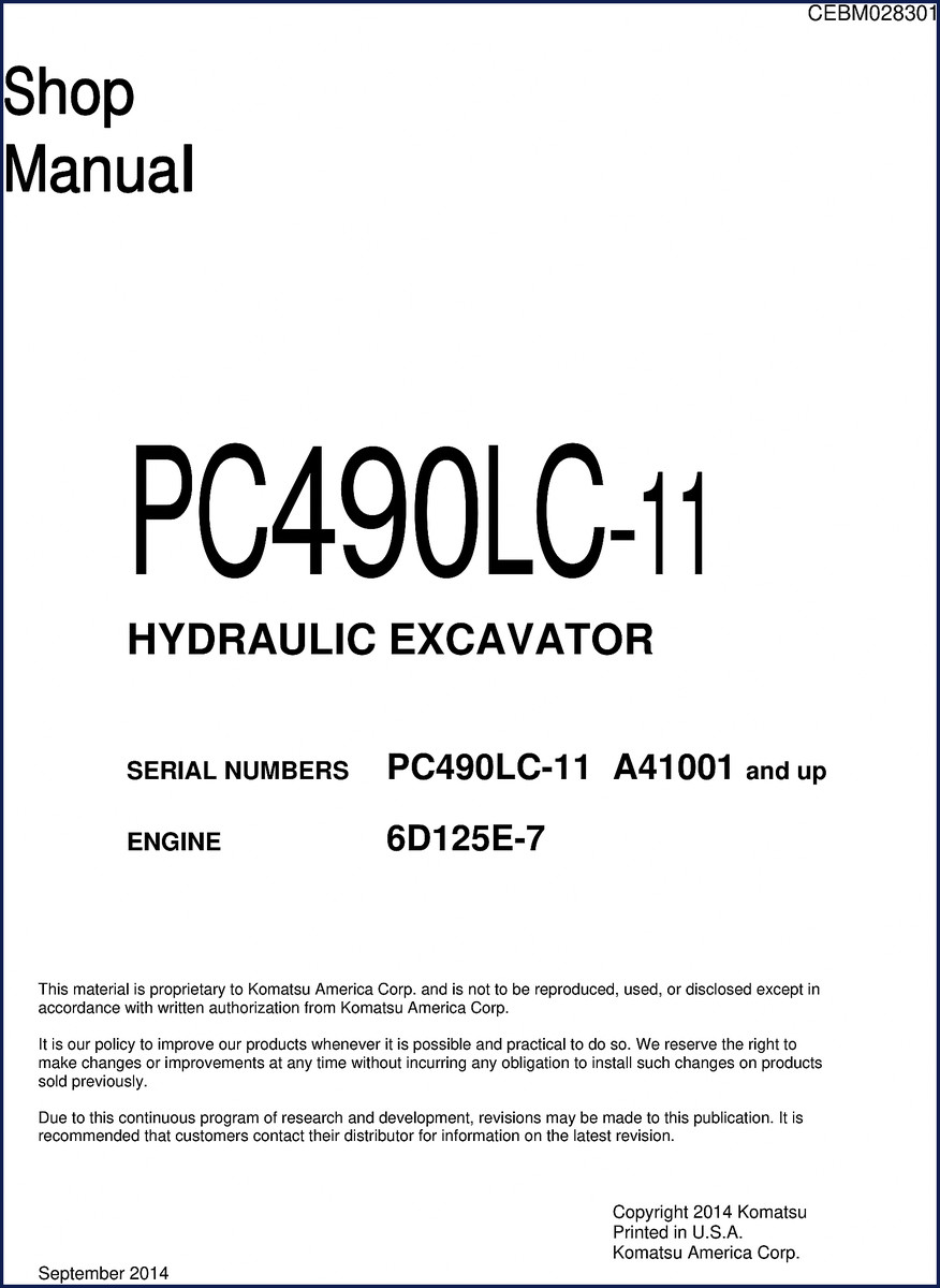 Komatsu PC490LC-11 2014 workshop manual cover showing hydraulic excavator