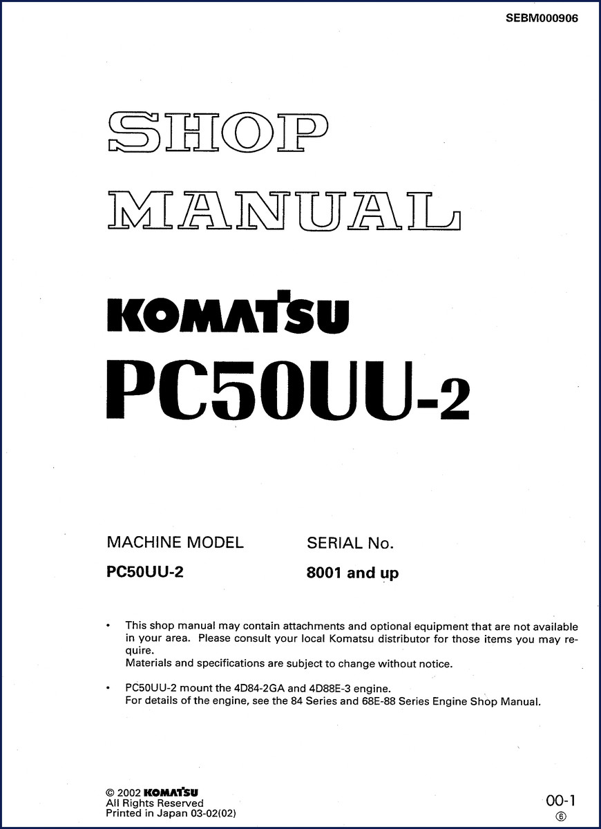 Komatsu PC50UU-2 2002 Service Manual cover – factory OEM shop manual 774 pages