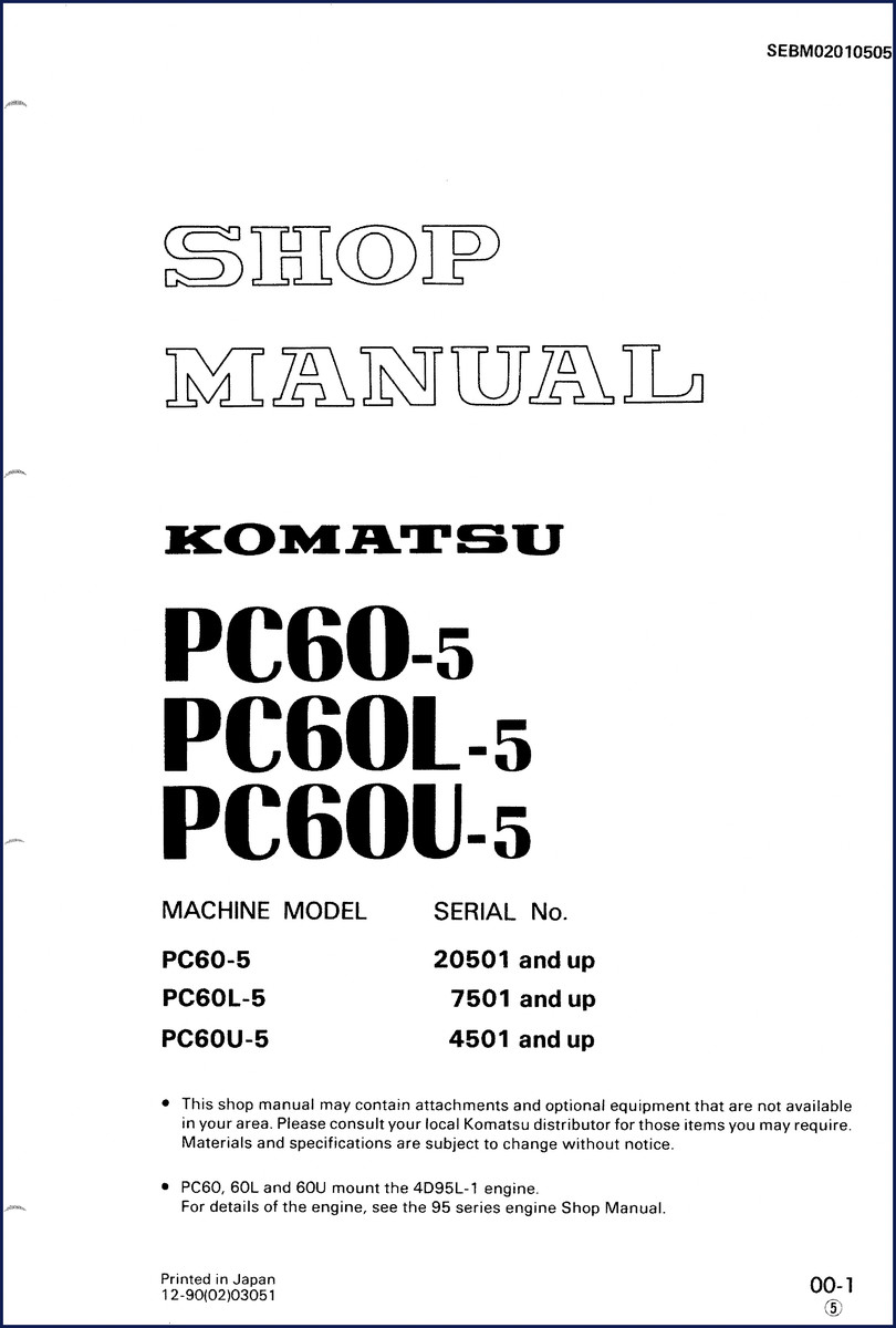 Komatsu PC60-5, PC60L-5, PC60U-5 1990 Service Manual cover – 417-page OEM shop manual