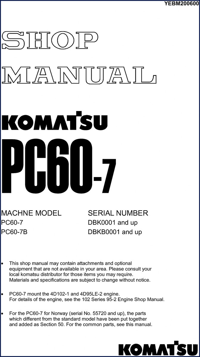 Komatsu PC60-7 PC60-7B 2002 Workshop Manual cover with excavator diagram