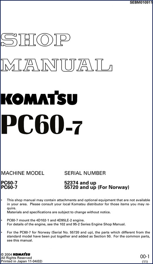 Komatsu PC60-7 2004 Service Manual cover page showing model and serial number range