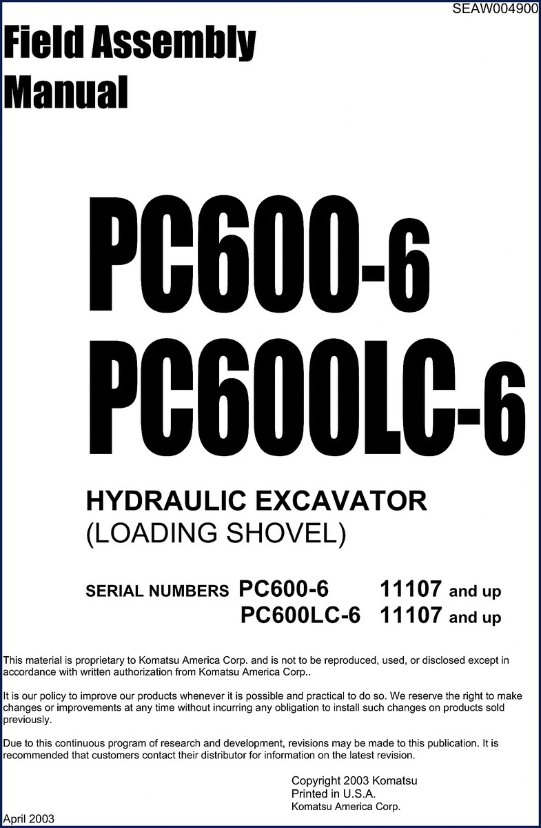 Komatsu PC600-6 PC600LC-6 2003 Installation Manual cover - factory field assembly document for hydraulic excavator