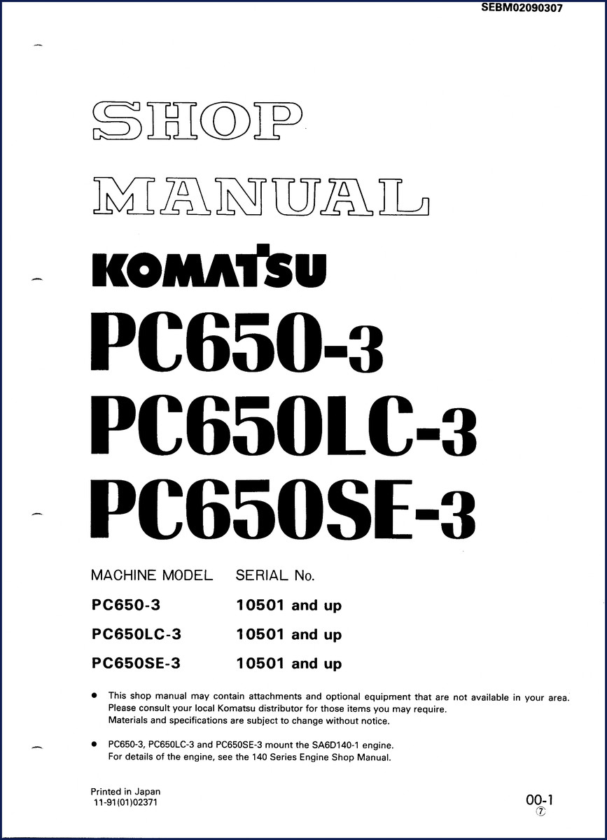 Komatsu PC650-3, PC650LC-3, PC650SE-3 1991 Workshop Manual cover