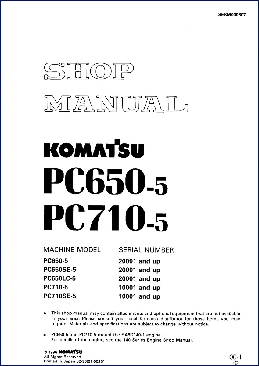 Komatsu PC650-5 service manual cover - OEM factory shop manual for 1996 excavator series